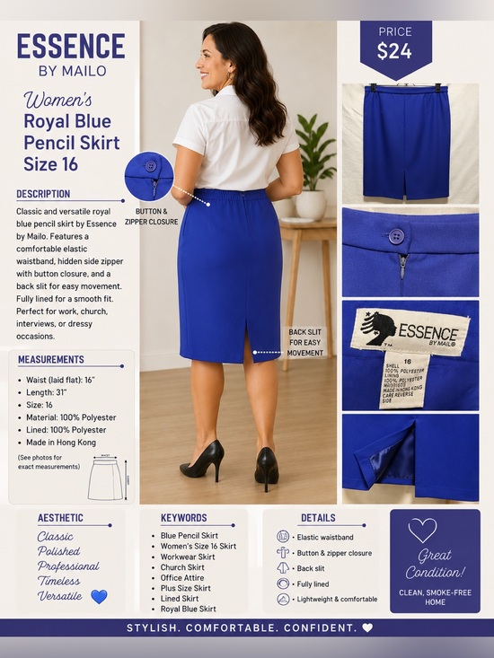 Essence Dresses & Skirts - Sleek Cobalt Blue Pencil Skirt - Women's Tailored Fit